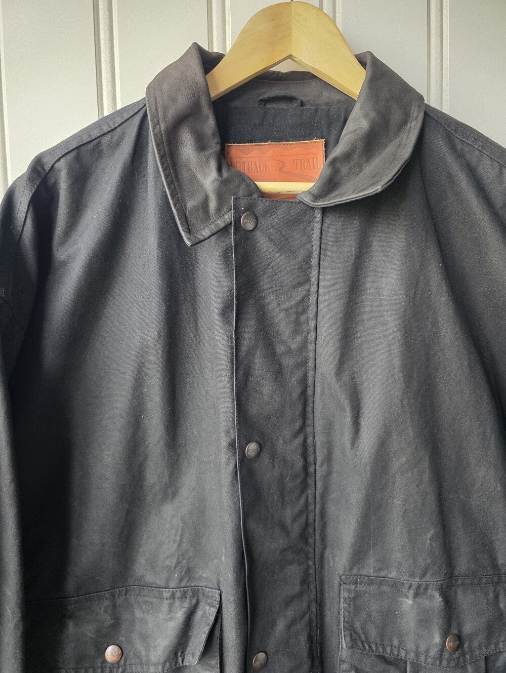 Outback Trail Foxfire Aussie Pathfinder Black Waxed Oilskin Bomber Jacket Mens L - Picture 2 of 12